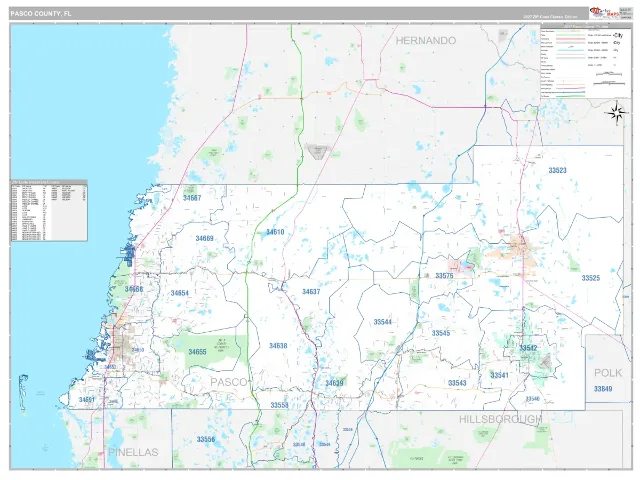 Pasco County, FL ZIP Code Wall Map, Classic style