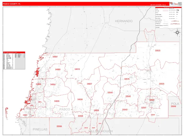 Pasco County, FL ZIP Code Wall Map, RedLine style