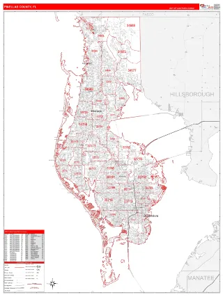 Pinellas County, FL RedLine style ZIP Code wall map