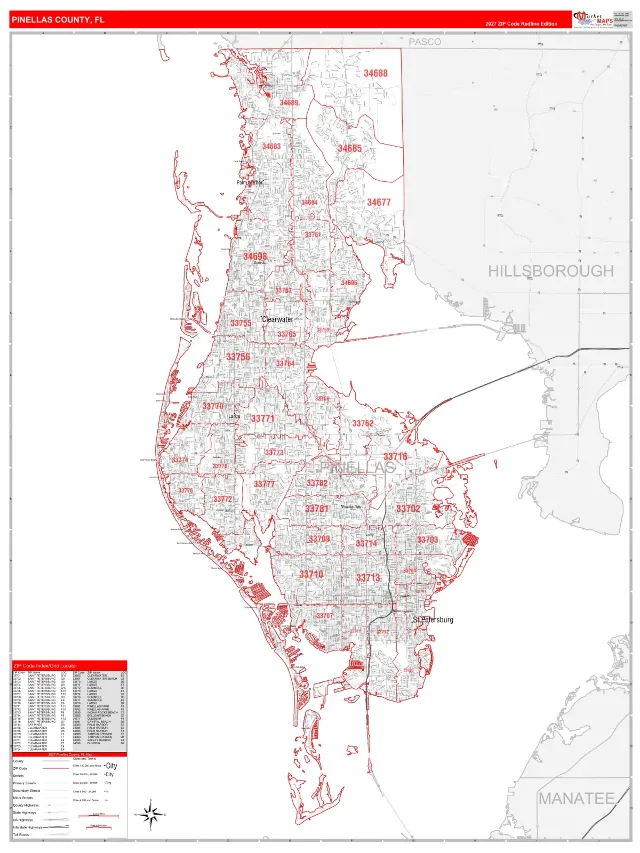 Pinellas County, FL ZIP Code Wall Map, RedLine style