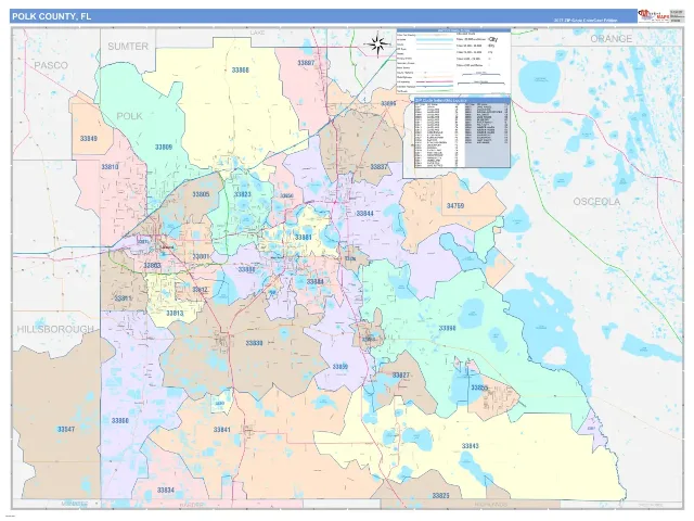 Polk County, FL ZIP Code Wall Map, ColorCast style
