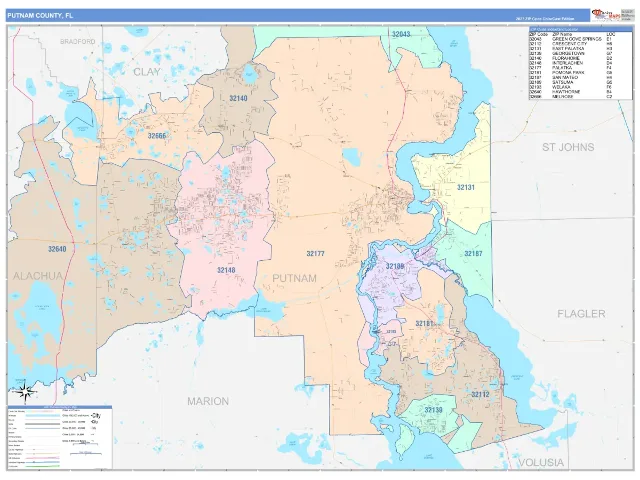 Putnam County, FL ZIP Code Wall Map, ColorCast style