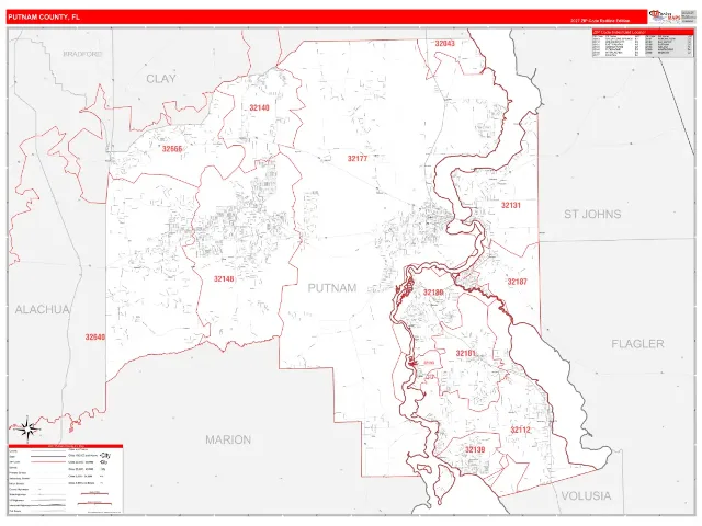 Putnam County, FL ZIP Code Wall Map, RedLine style