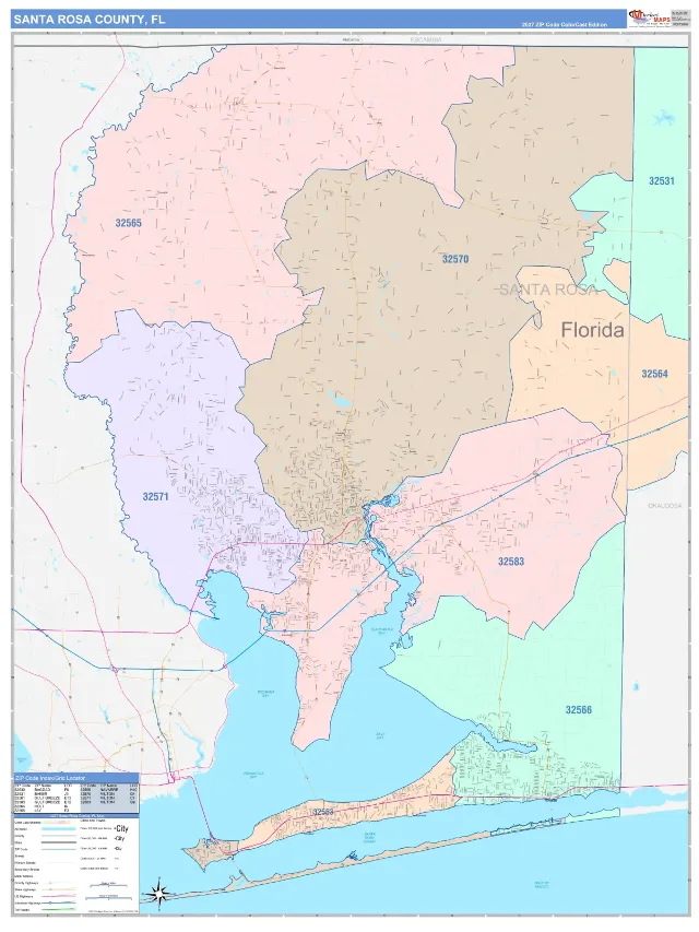 Santa Rosa County, FL ZIP Code Wall Map, ColorCast style