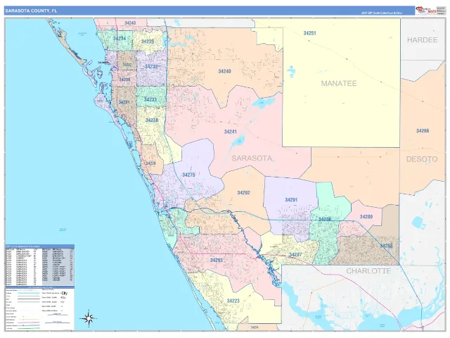 Sarasota County, FL ZIP Code Wall Map, ColorCast style