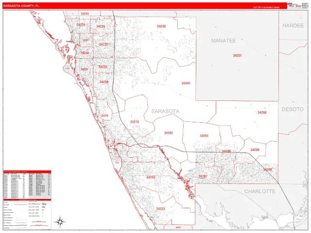 Sarasota County, FL ZIP Code Wall Map, RedLine style