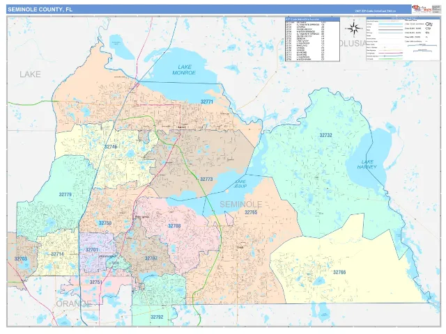Seminole County, FL ZIP Code Wall Map, ColorCast style