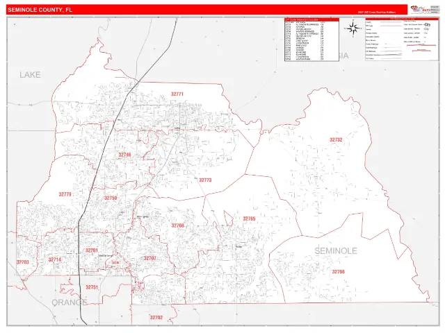 Seminole County, FL ZIP Code Wall Map, RedLine style