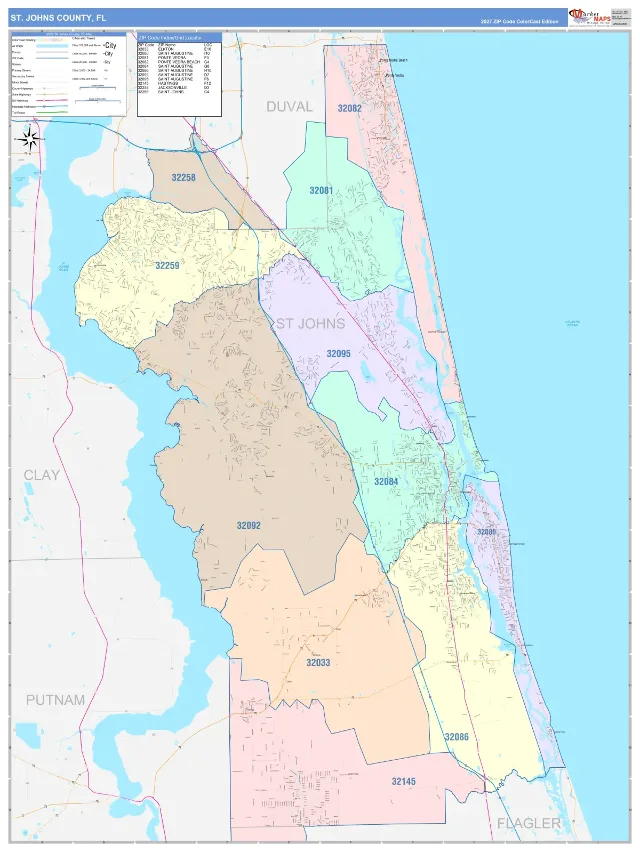 St. Johns County, FL ZIP Code Wall Map, ColorCast style