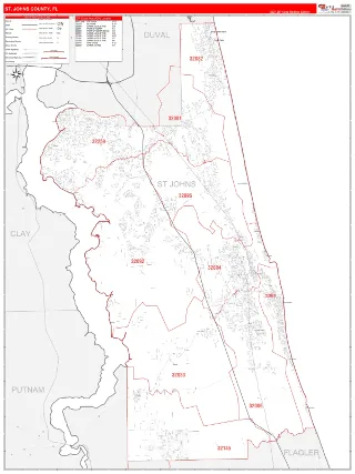 St. Johns County, FL RedLine style ZIP Code wall map