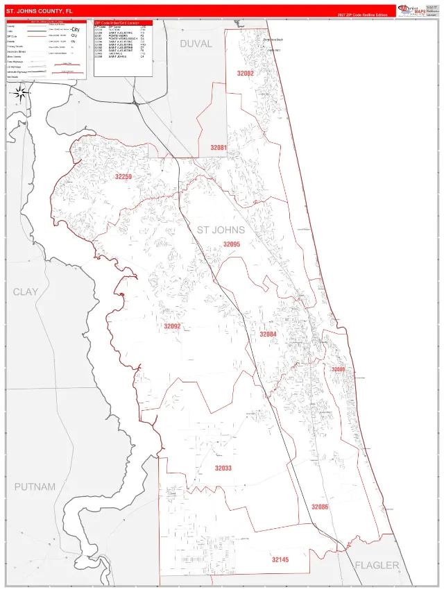 St. Johns County, FL ZIP Code Wall Map, RedLine style