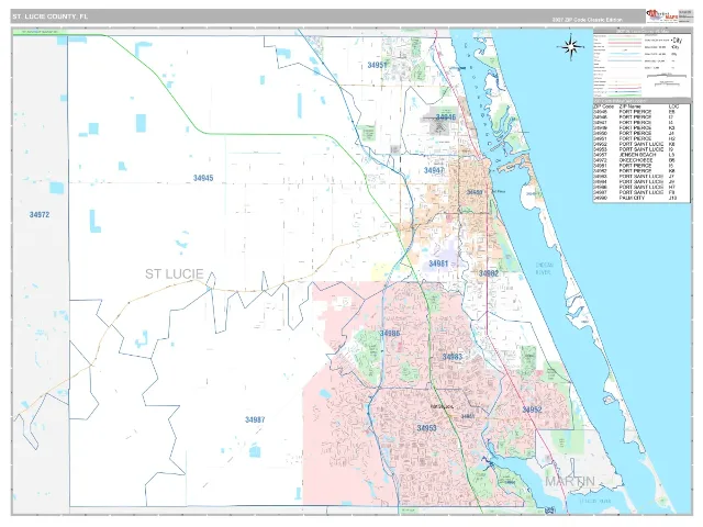 St. Lucie County, FL ZIP Code Wall Map, Classic style