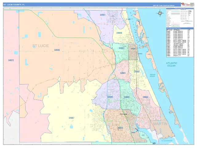 St. Lucie County, FL ZIP Code Wall Map, ColorCast style