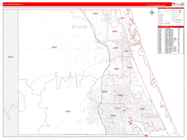 St. Lucie County, FL ZIP Code Wall Map, RedLine style