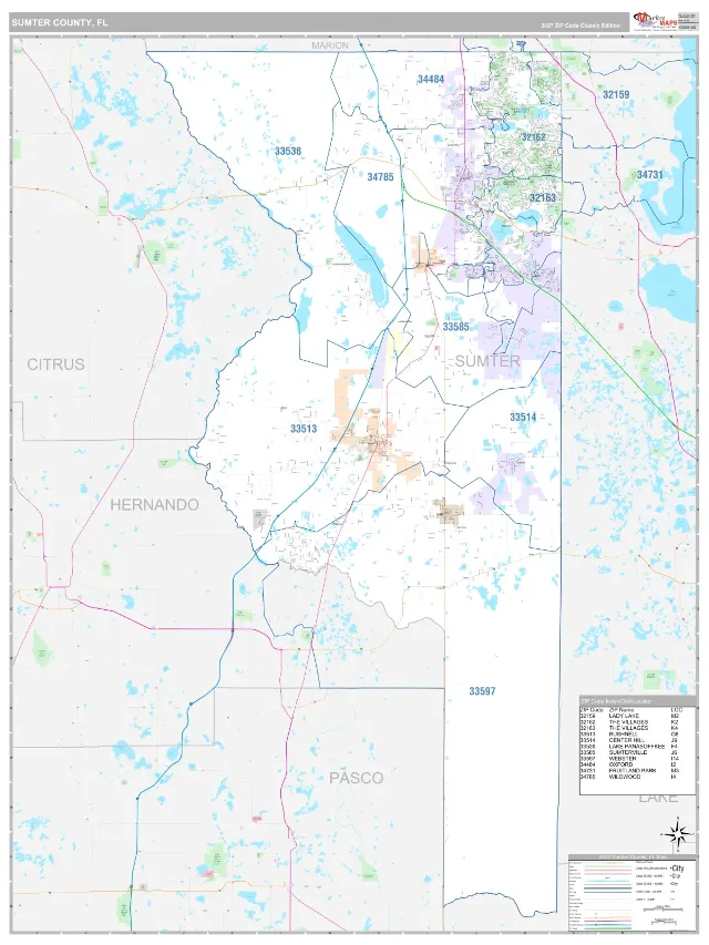 Sumter County, FL ZIP Code Wall Map, Classic style