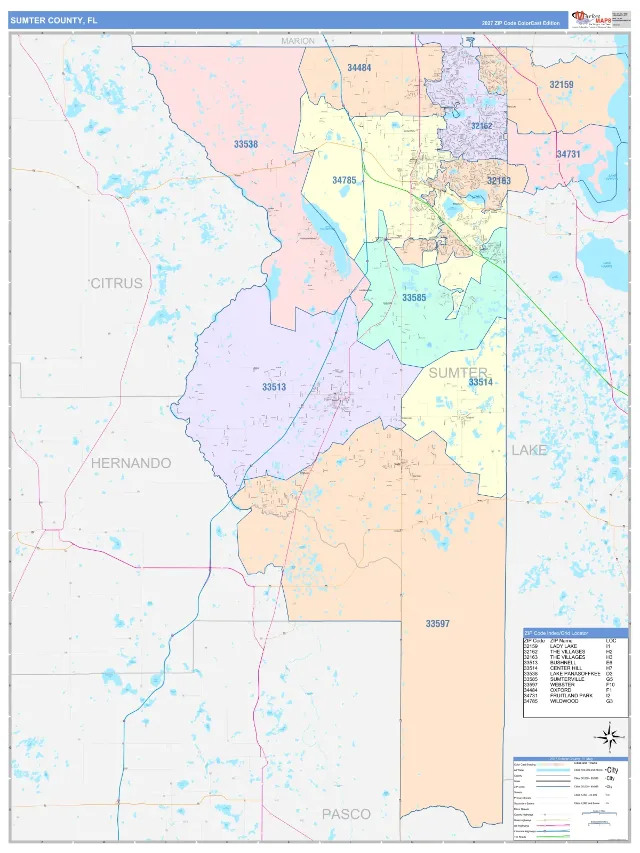 Sumter County, FL ZIP Code Wall Map, ColorCast style