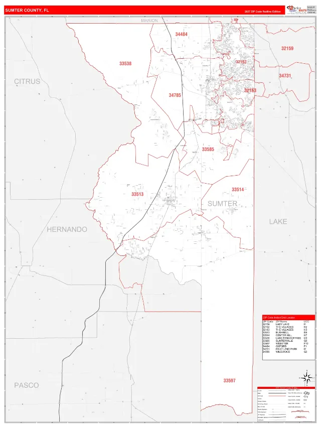 Sumter County, FL ZIP Code Wall Map, RedLine style