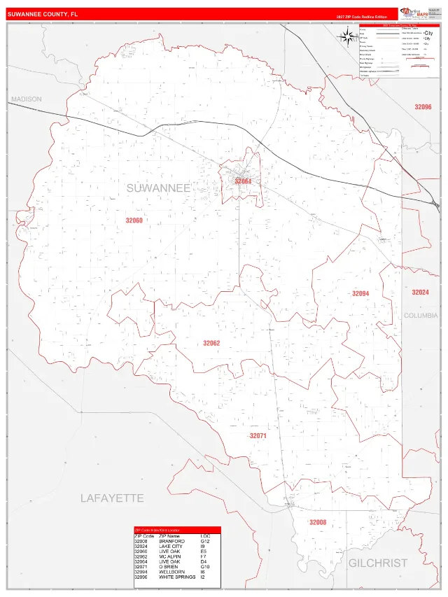 Suwannee County, FL ZIP Code Wall Map, RedLine style