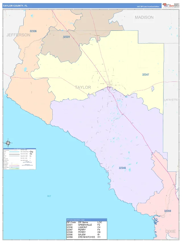 Taylor County, FL ZIP Code Wall Map, ColorCast style