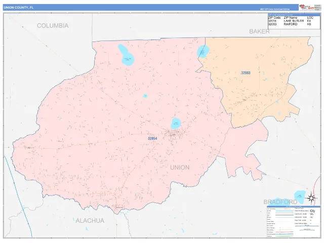Union County, FL ZIP Code Wall Map, ColorCast style