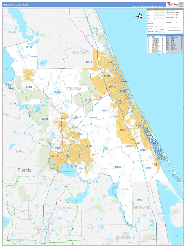 Volusia County, FL ZIP Code Wall Map, Business Reference style