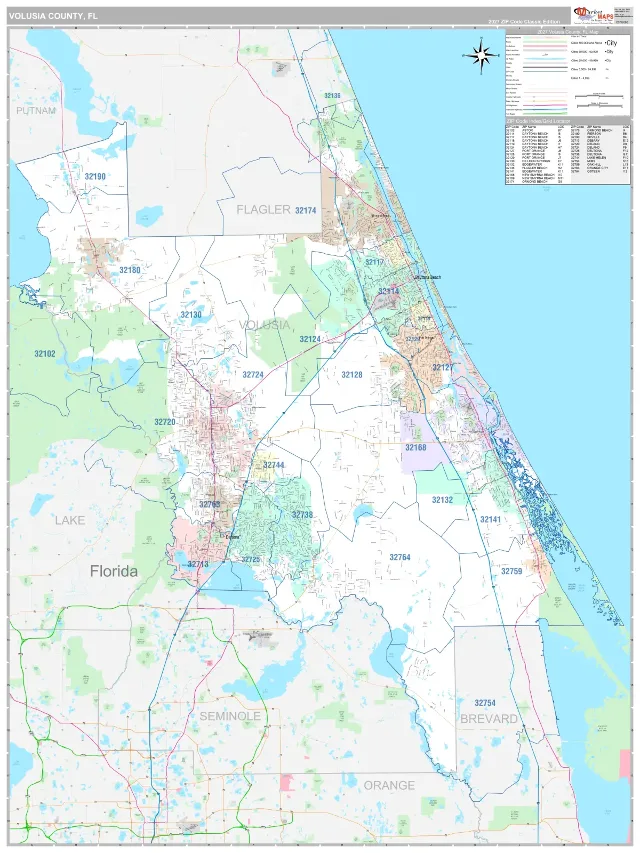 Volusia County, FL ZIP Code Wall Map, Classic style