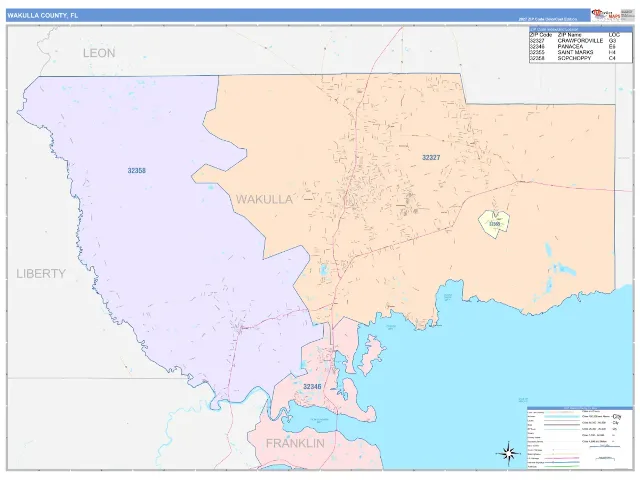 Wakulla County, FL ZIP Code Wall Map, ColorCast style