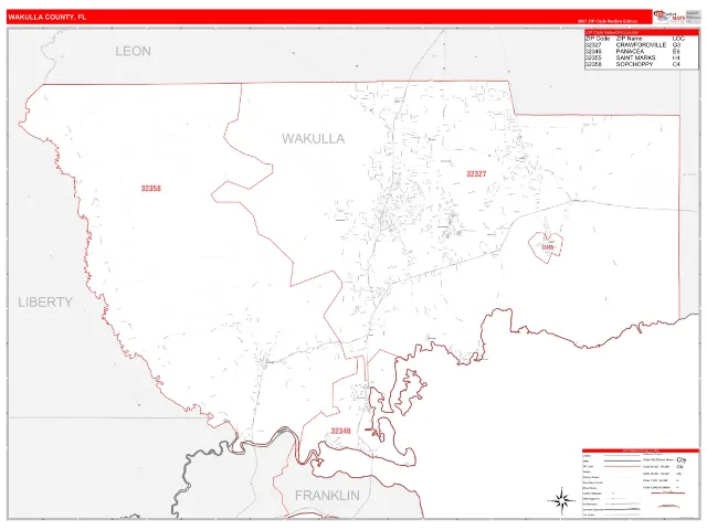 Wakulla County, FL ZIP Code Wall Map, RedLine style