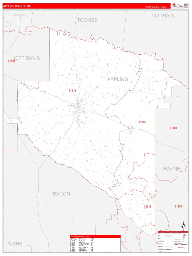 Appling County, GA ZIP Code Wall Map, RedLine style