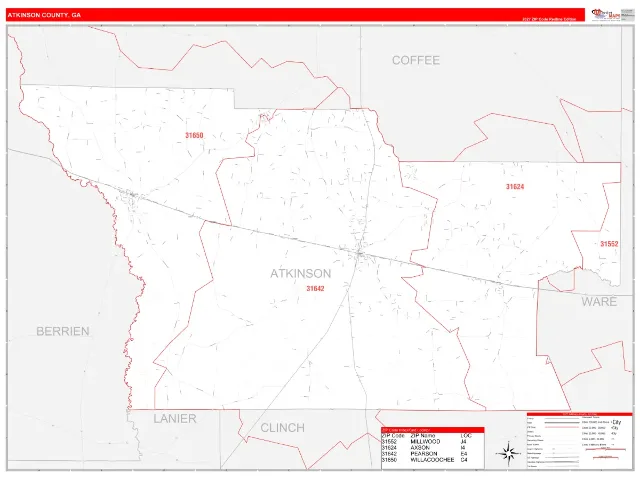 Atkinson County, GA ZIP Code Wall Map, RedLine style