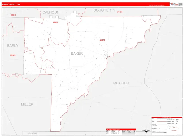 Baker County, GA ZIP Code Wall Map, RedLine style