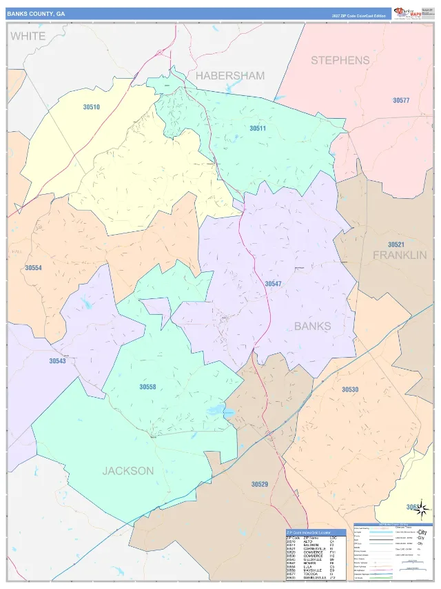 Banks County, GA ZIP Code Wall Map, ColorCast style