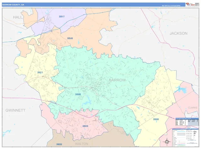 Barrow County, GA ZIP Code Wall Map, ColorCast style