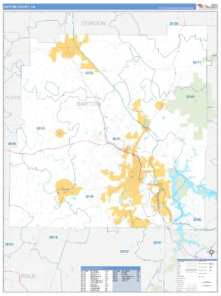 Bartow County, GA Business Reference style ZIP Code wall map
