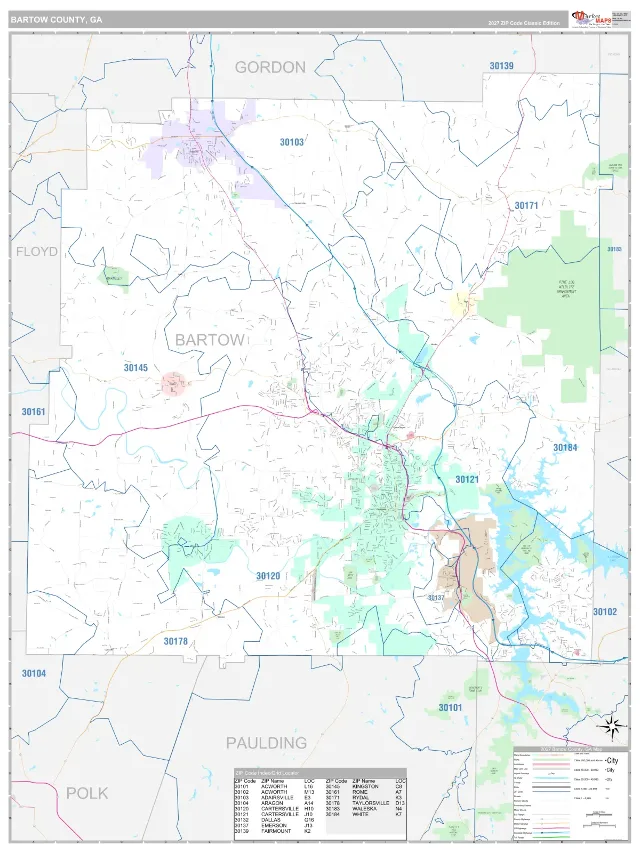 Bartow County, GA ZIP Code Wall Map, Classic style
