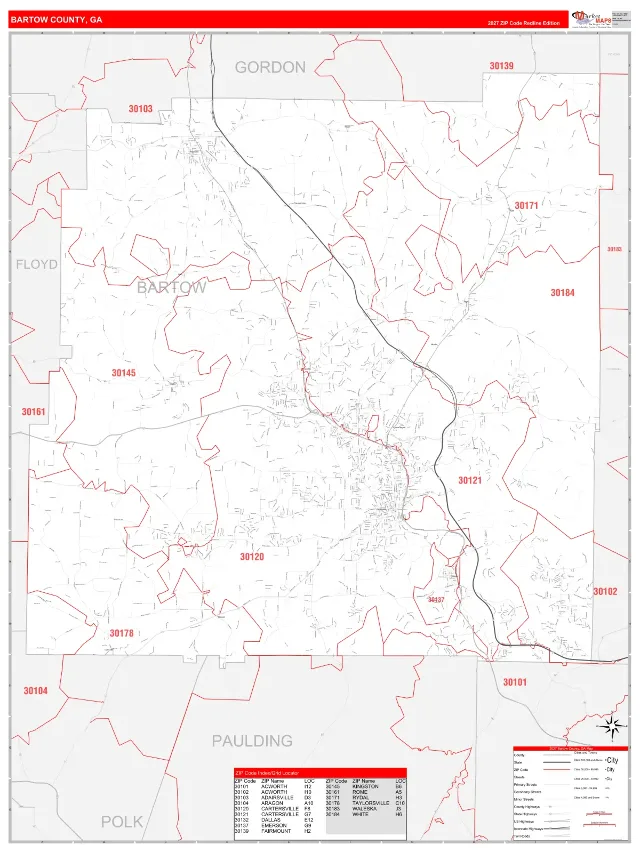 Bartow County, GA ZIP Code Wall Map, RedLine style