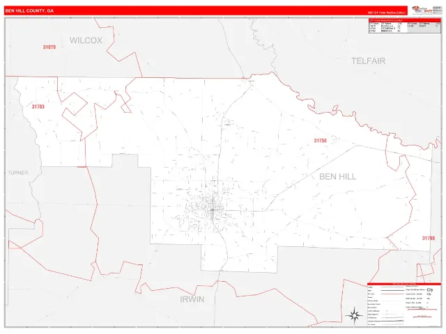 Ben Hill County, GA ZIP Code Wall Map, RedLine style