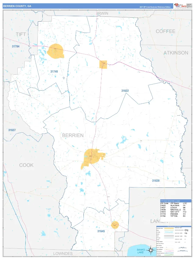 Berrien County, GA ZIP Code Wall Map, Business Reference style