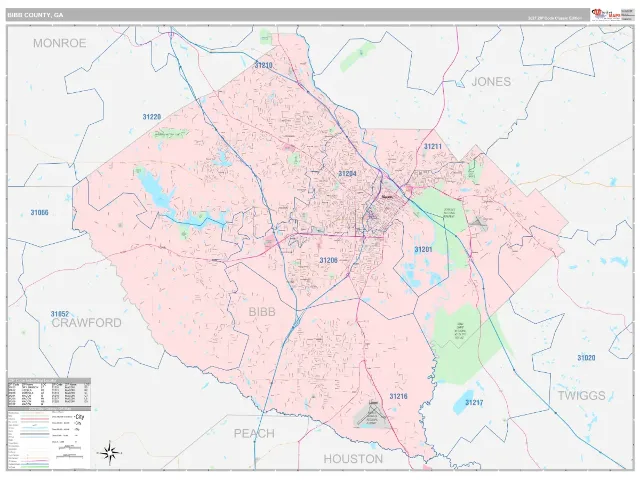 Bibb County, GA ZIP Code Wall Map, Classic style