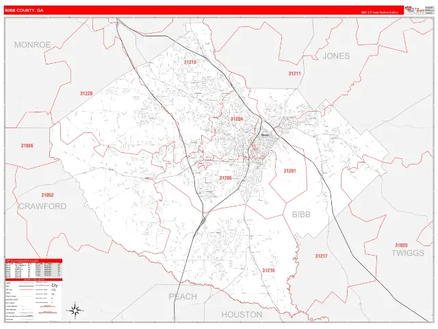Bibb County, GA ZIP Code Wall Map, RedLine style