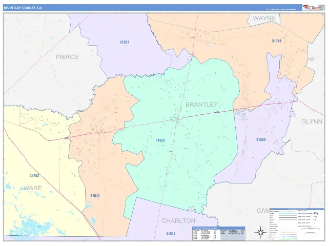 Brantley County, GA ZIP Code Wall Map, ColorCast style