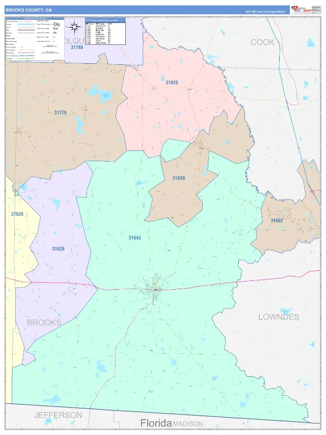 Brooks County, GA ZIP Code Wall Map, ColorCast style
