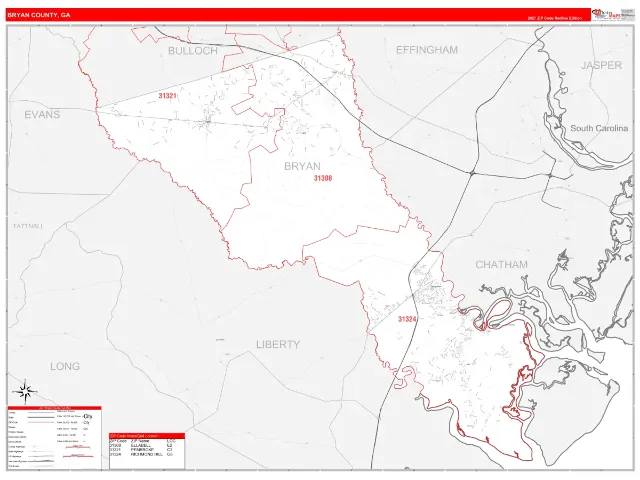 Bryan County, GA ZIP Code Wall Map, RedLine style
