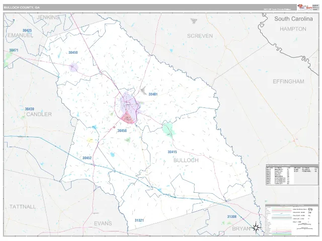 Bulloch County, GA ZIP Code Wall Map, Classic style