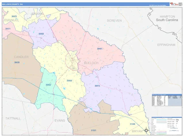 Bulloch County, GA ZIP Code Wall Map, ColorCast style