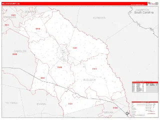 Bulloch County, GA RedLine style ZIP Code wall map