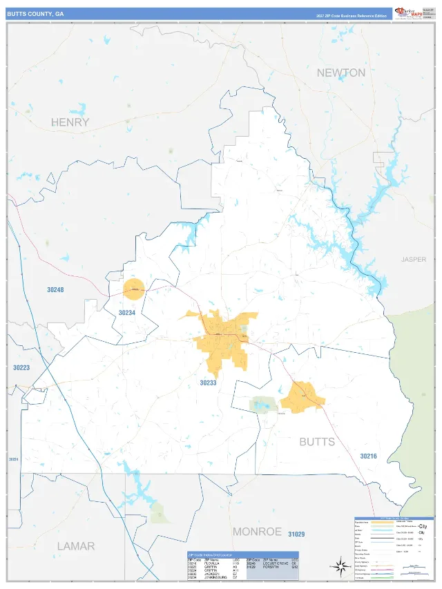 Butts County, GA ZIP Code Wall Map, Business Reference style
