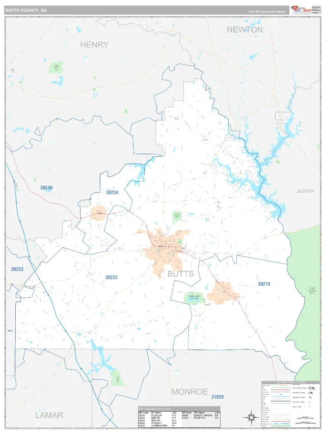 Butts County, GA ZIP Code Wall Map, Classic style