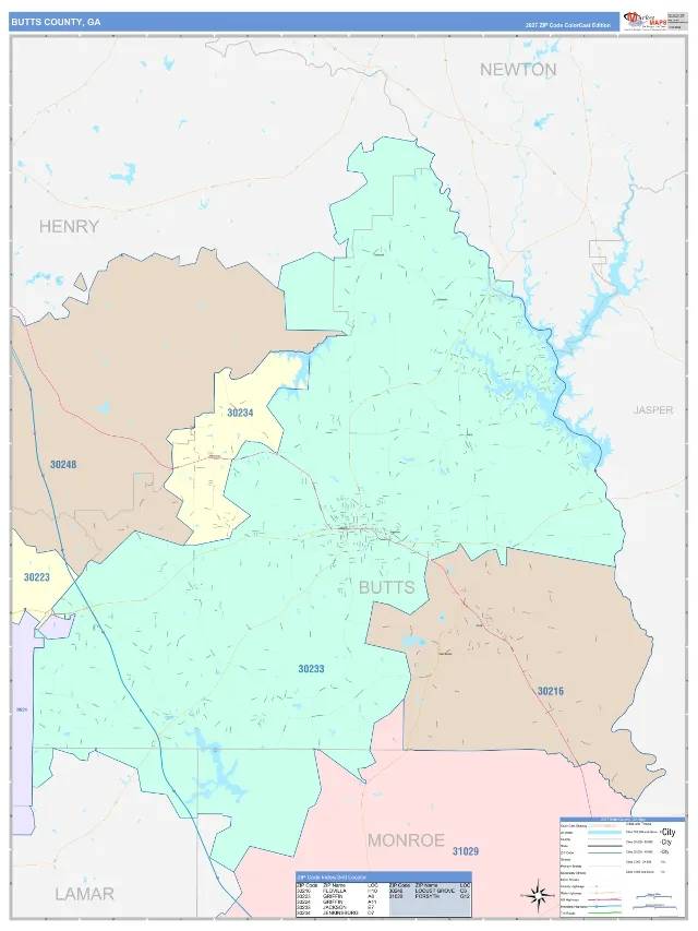 Butts County, GA ZIP Code Wall Map, ColorCast style