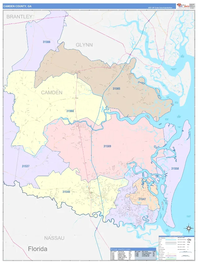Camden County, GA ZIP Code Wall Map, ColorCast style
